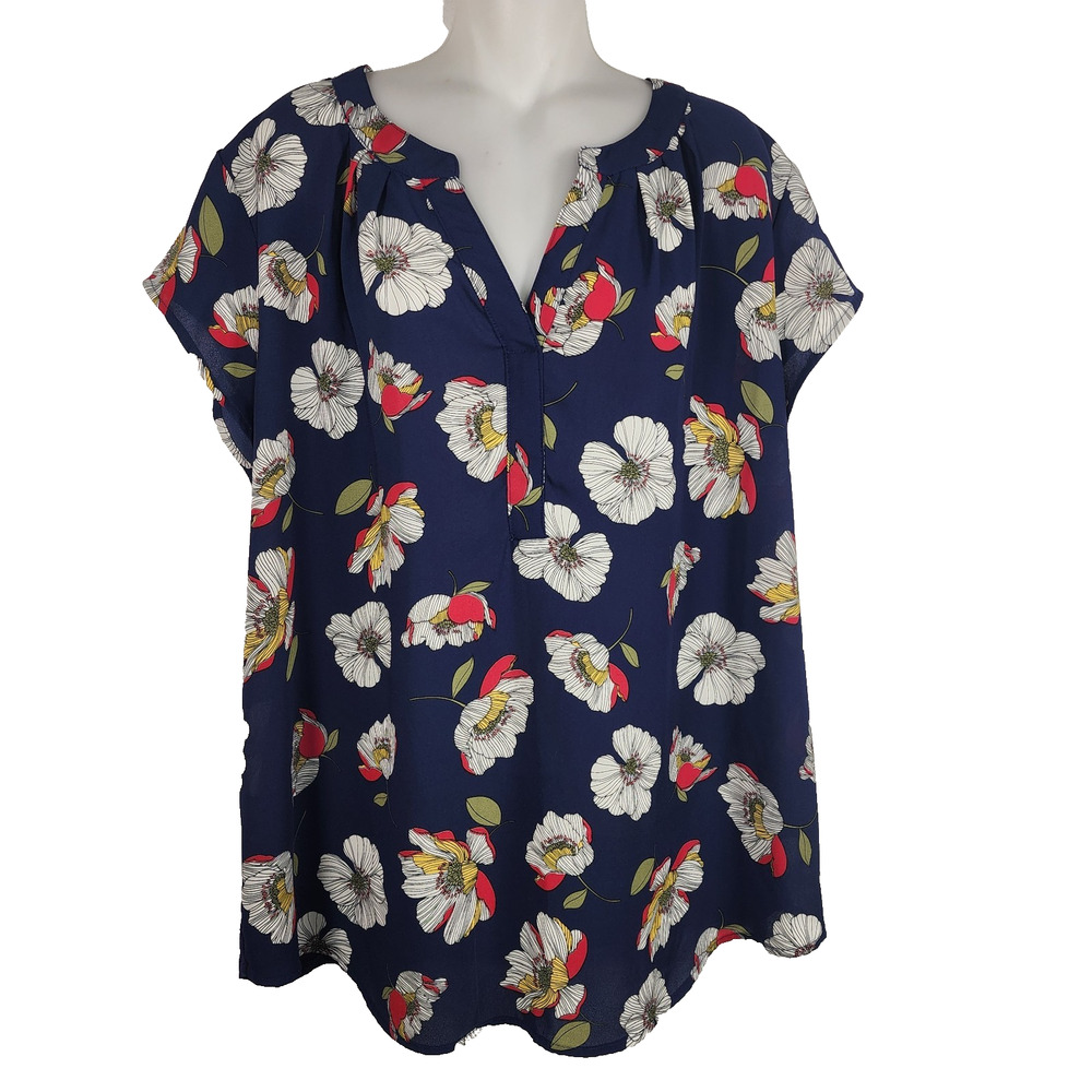Papermoon Vivier Short Sleeve Mixed Material Blouse Split V-Neck Floral Navy 2X